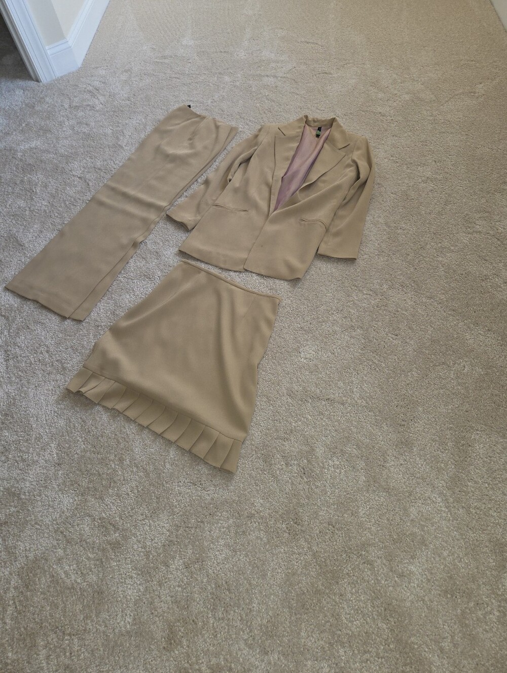 Beige Three-Piece Skirt Suit - Jacket, Skirt & Pants